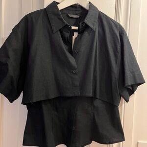 Zara Black Linen Cropped 2 layer double Button-Down Shirt